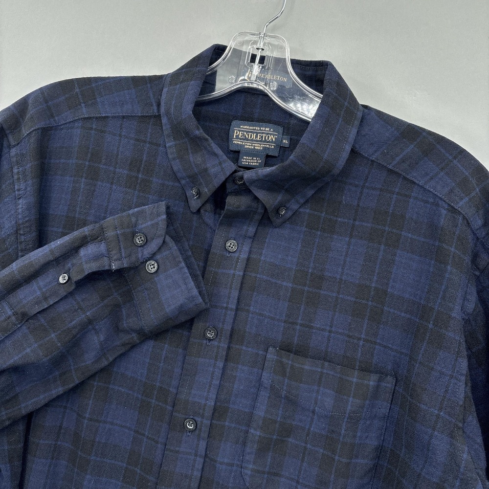 Pendleton Sir Shirt Mens XL Navy Blue Plaid Wool Flannel Button Down Long Sleeve